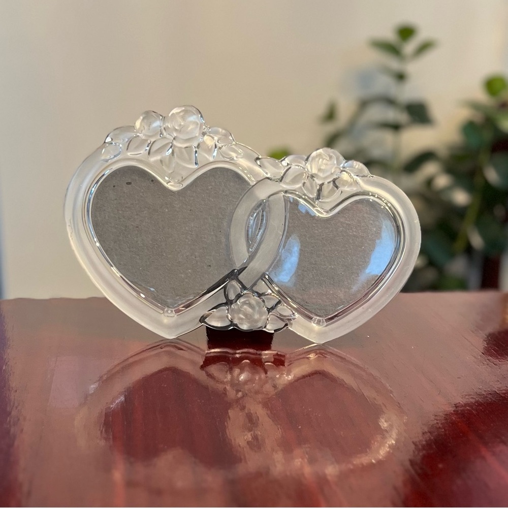 Mikasa Rosemont Double Heart Crystal Photo Frame Frosted Roses Germany 1990s